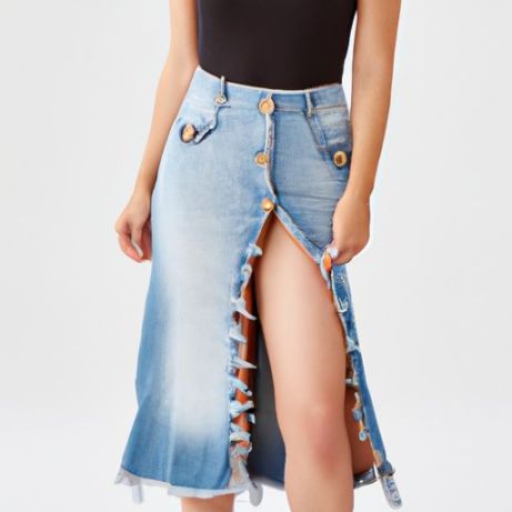 Rok Denim Kargo Ritsleting Gaun Rok Jeans Panjang Warna Solid Fashion untuk Wanita Stok Desain Baru dengan Banyak Robek